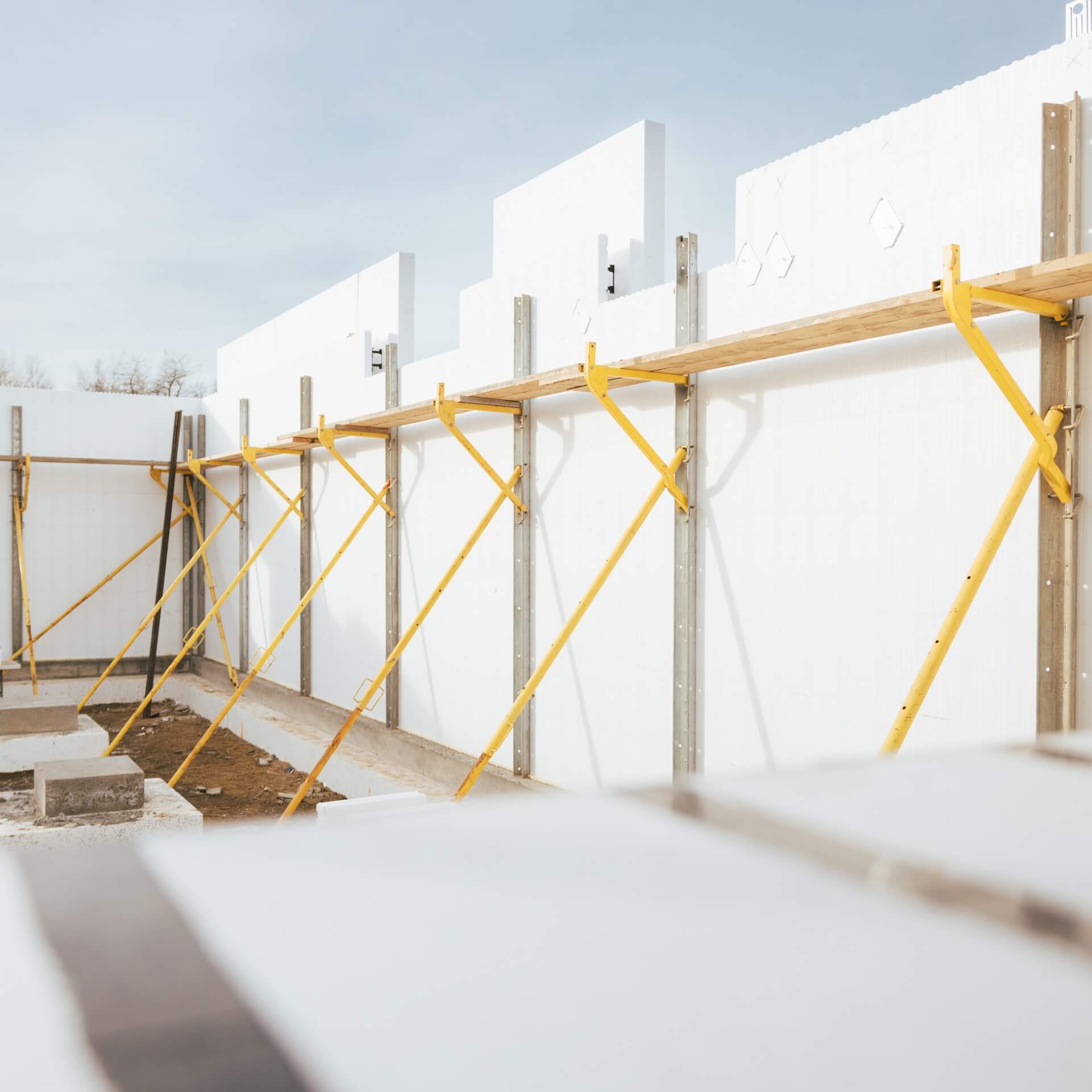 Element ICF walls braced and aligned before concrete placement
