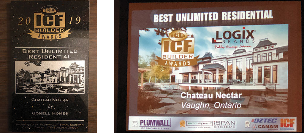2019 ICF Builder Awards plaque for Best Unlimited Residential — Chateau Nectar by Gonell Homes (Vaughn, Ontario)